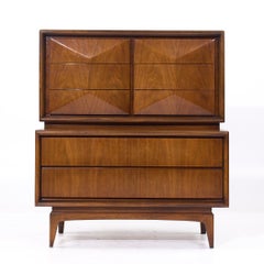 United Furniture Mid Century Diamond Walnut Highboy Dresser