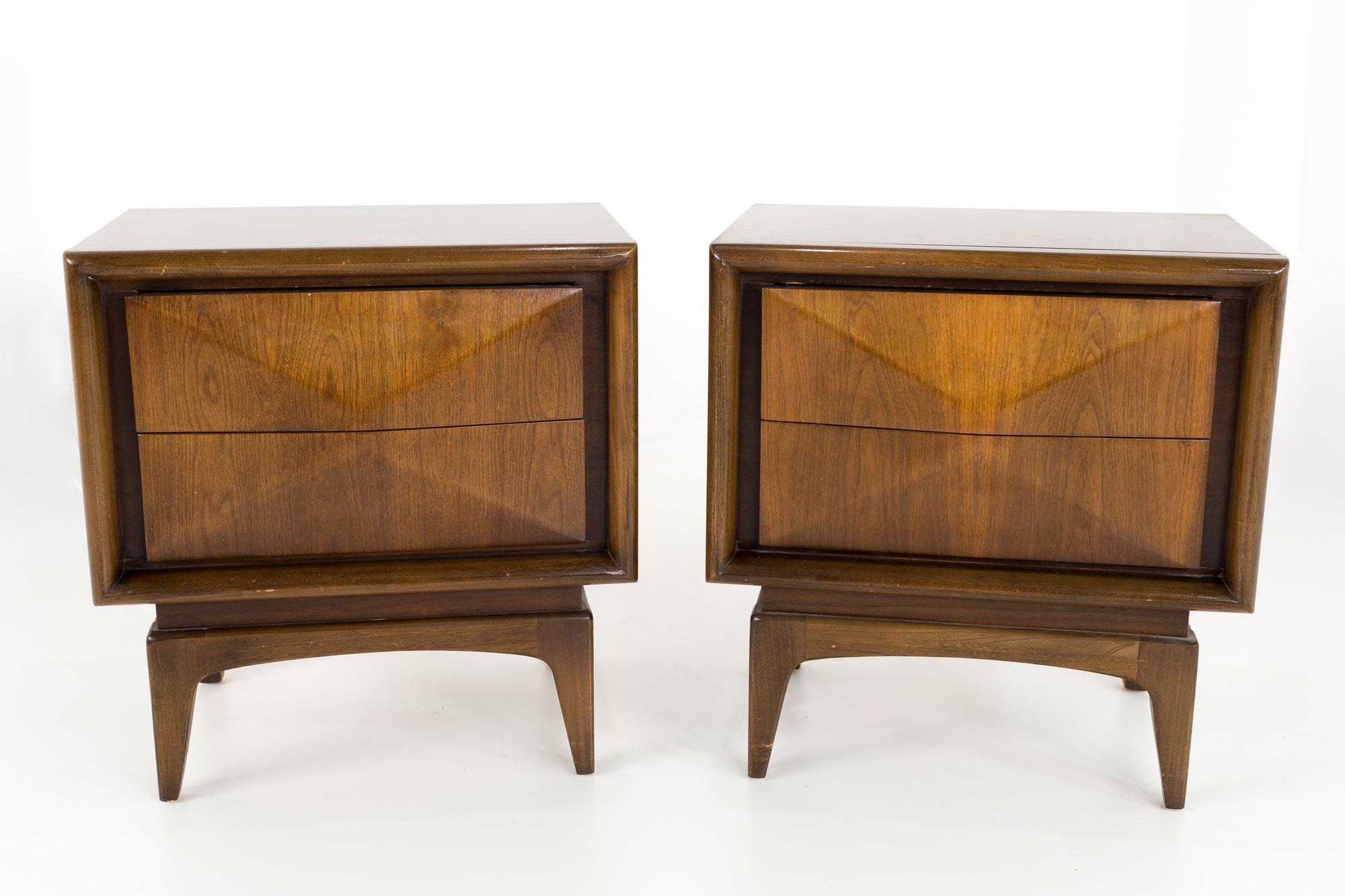 United Furniture mid century diamond walnut nightstands - Pair

These nightstands measure: 23 wide x 16 deep x 24.75 inches high

All pieces of furniture can be had in what we call restored vintage condition. That means the piece is restored