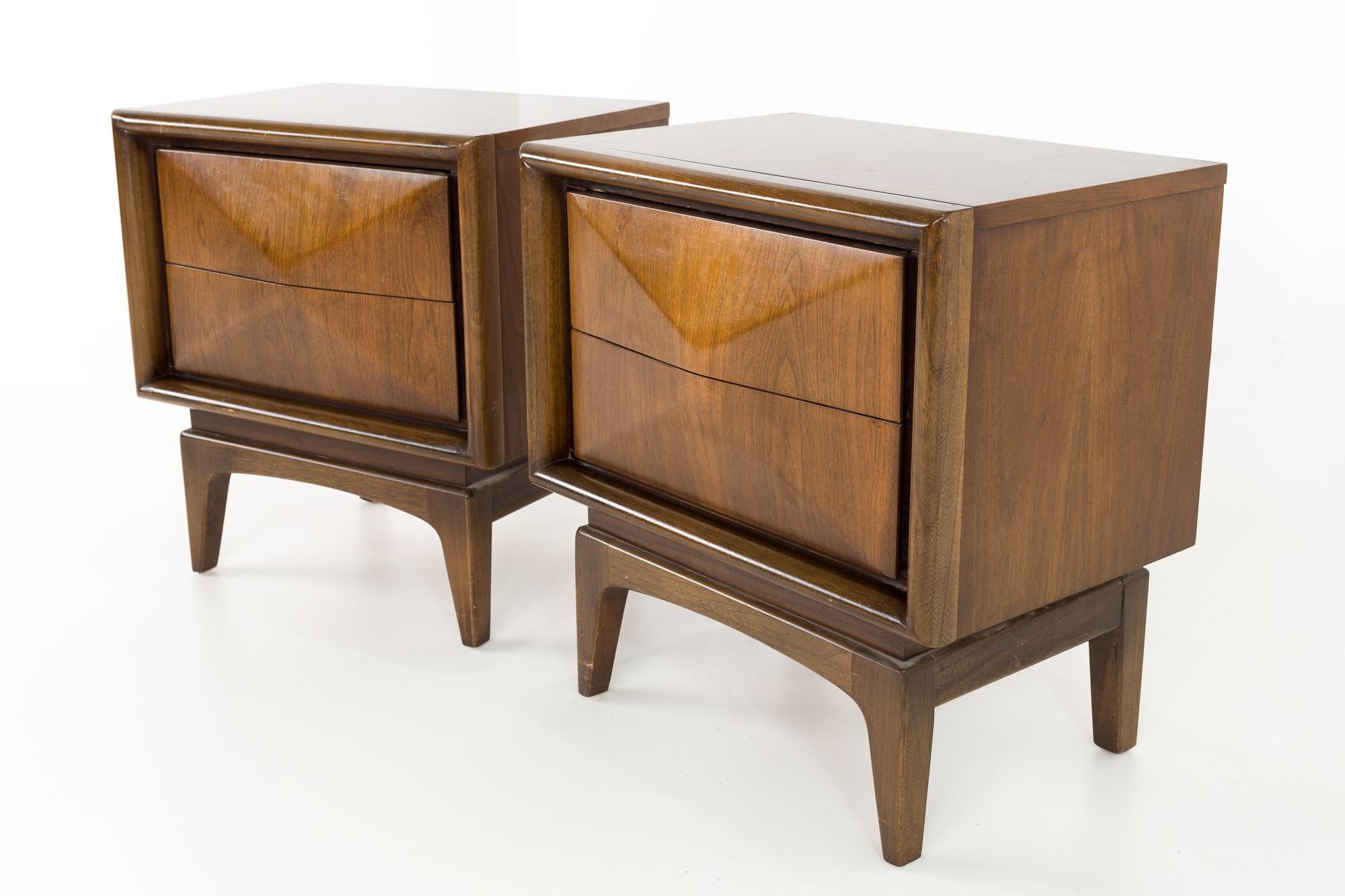 Mid-Century Modern United Furniture Mid Century Diamond Walnut Nightstands, Pair