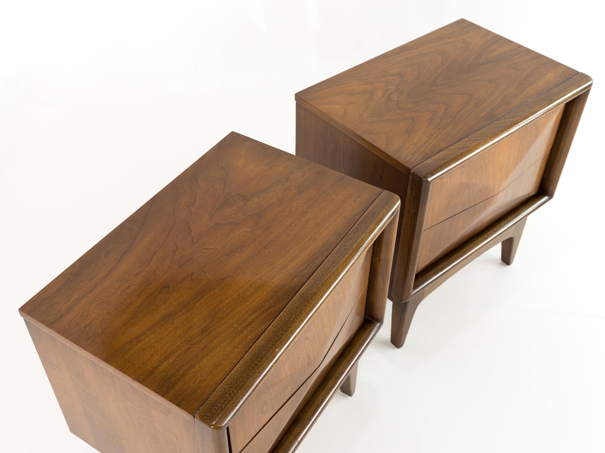 American United Furniture Mid Century Diamond Walnut Nightstands, Pair