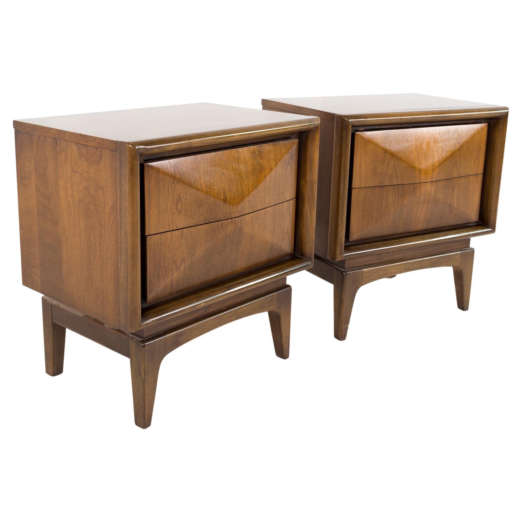 United Furniture Mid Century Diamond Walnut Nightstands, Pair