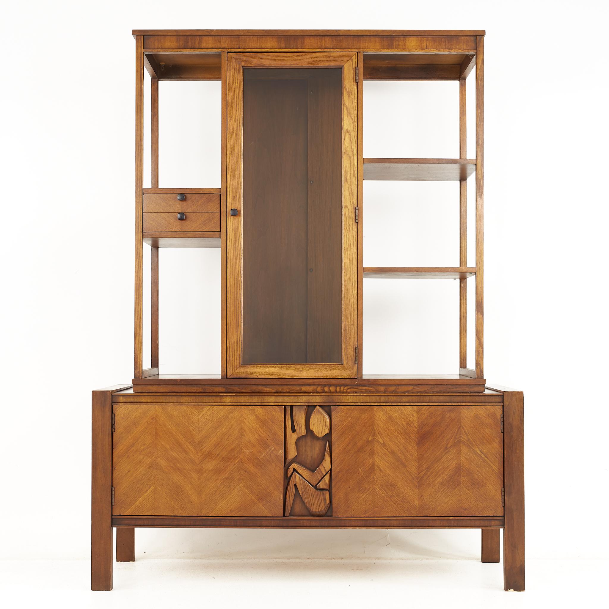 United Furniture mid century Tiki Brutalist room divider

The buffet measures: 55 wide x 17.25 deep x 25.5 inches high
The hutch measures: 46 wide x 15 deep x 47.25 inches high

All pieces of furniture can be had in what we call restored