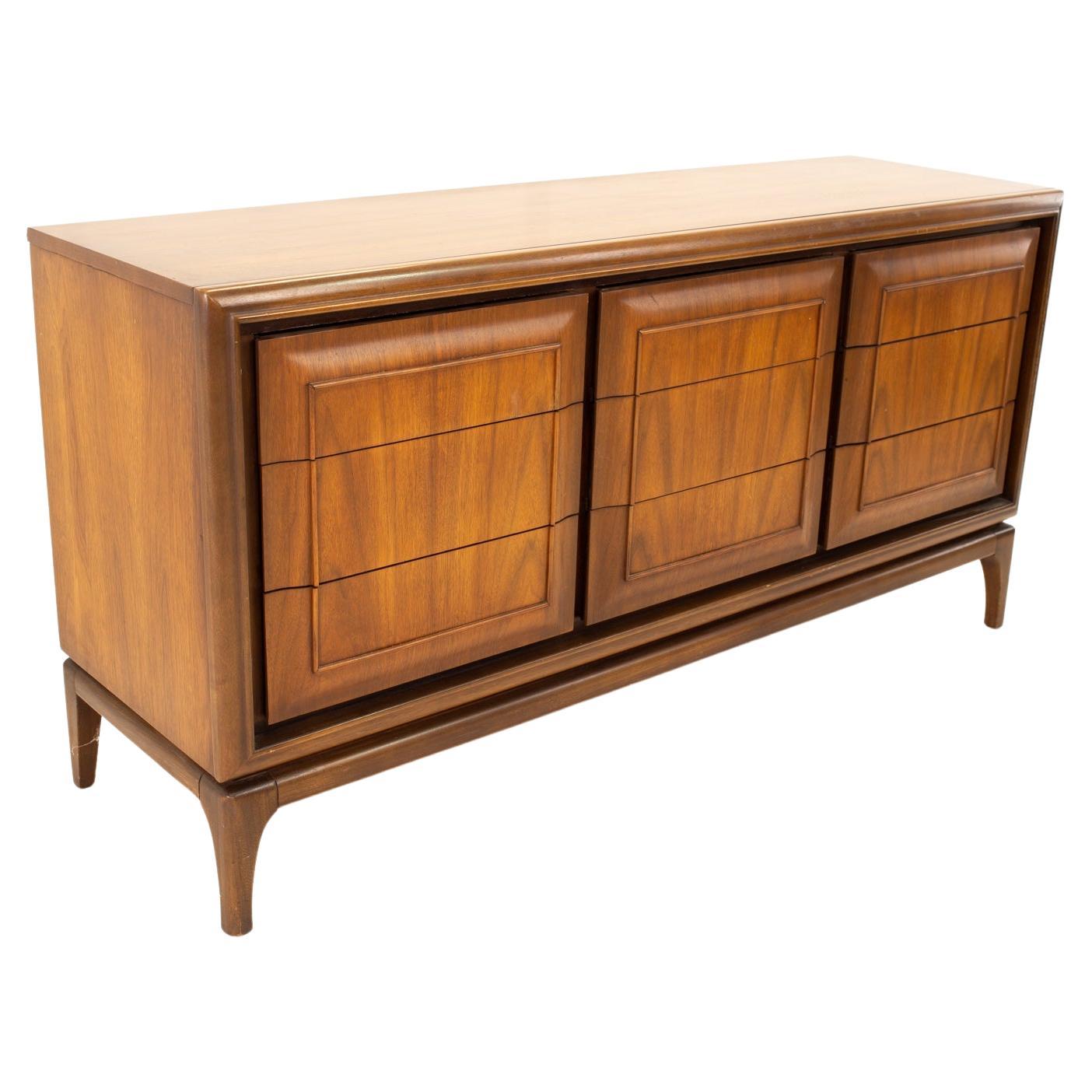American United Furniture Mid Century Walnut 9 Drawer Lowboy Dresser For Sale