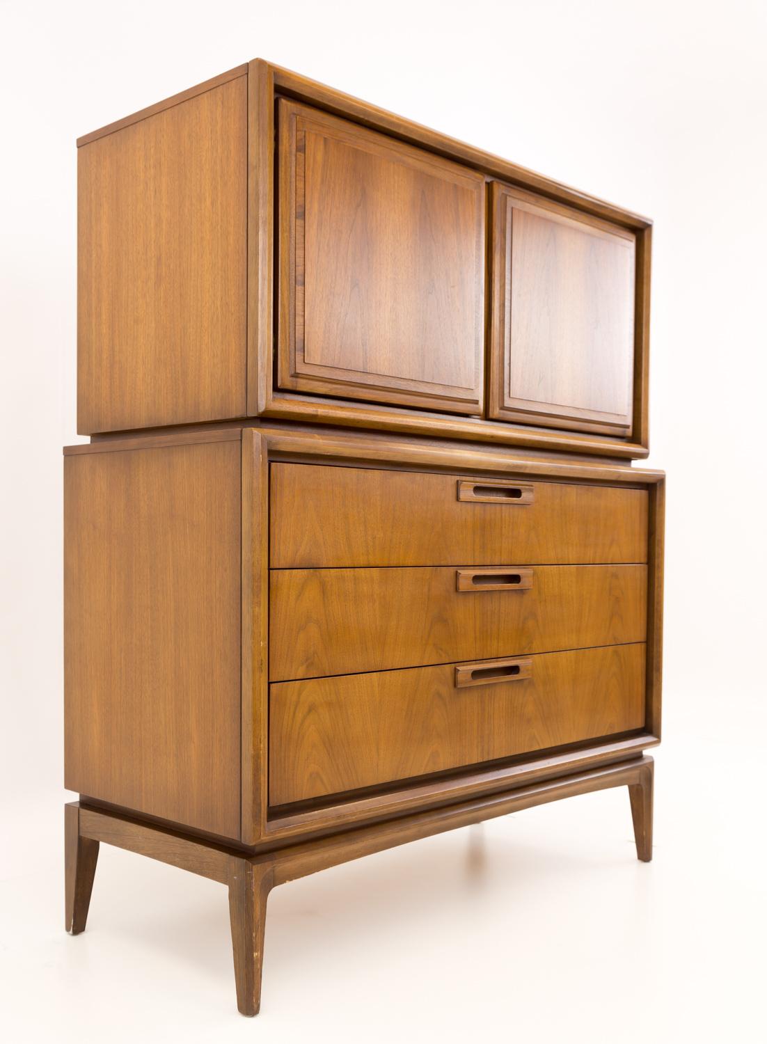 American United Furniture Mid Century Walnut Highboy Dresser For Sale