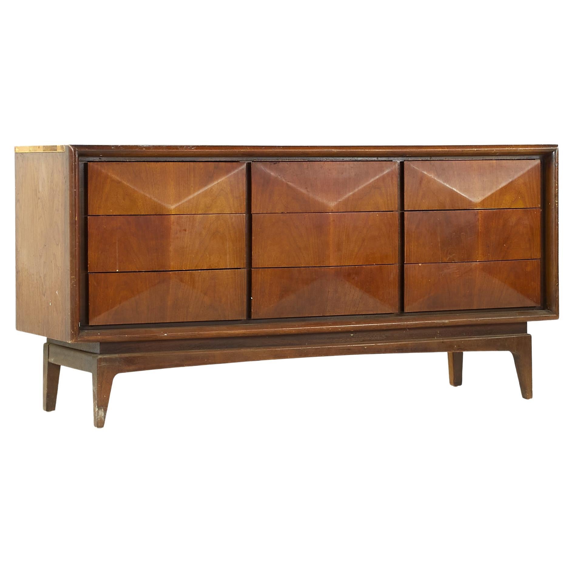 United Midcentury Diamond Walnut Lowboy 9 Drawer Dresser For Sale