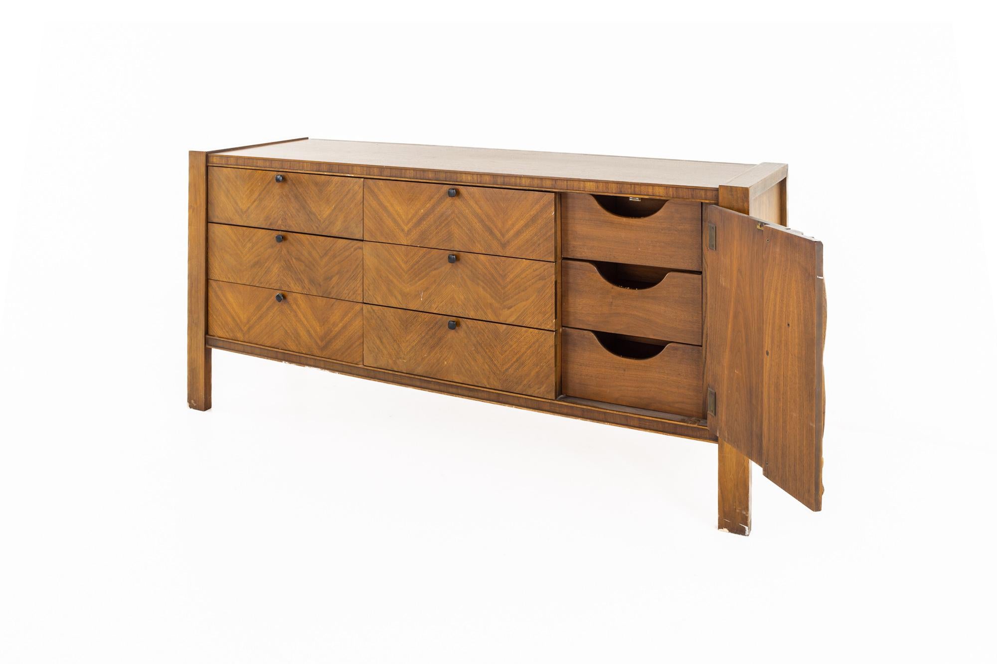 Late 20th Century United Mid Century Tiki Walnut Lowboy Dresser For Sale