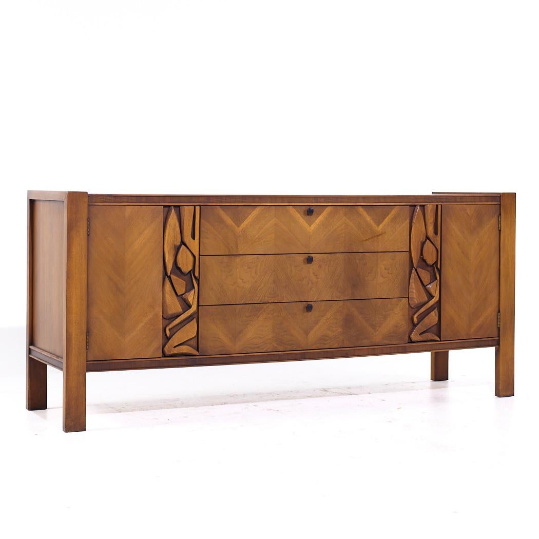 American United Mid Century Tiki Walnut Credenza and Hutch For Sale