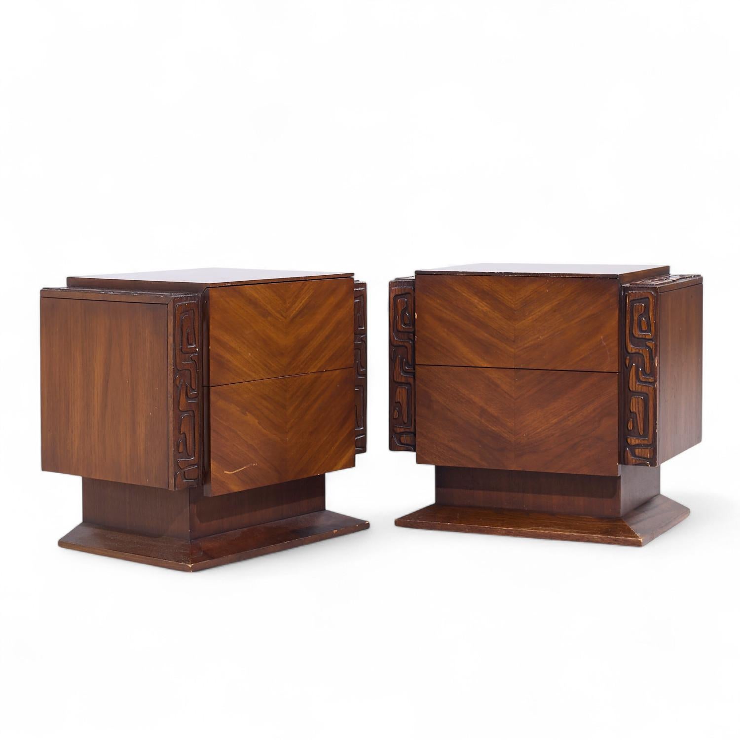 United Mid Century Walnut Tiki Brutalist Nightstands - Pair

Each nightstand measures: 24 wide x 16 deep x 22.25 inches high

All pieces of furniture can be had in what we call restored vintage condition. That means the piece is restored upon