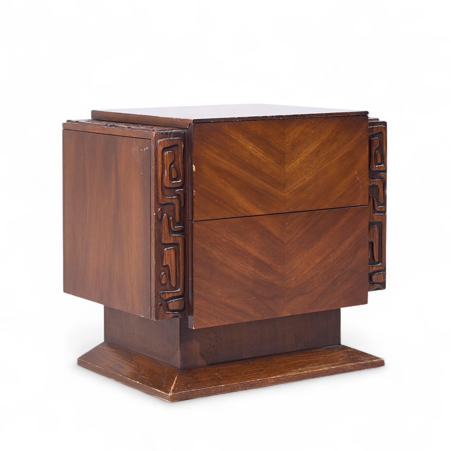 20th Century United Mid Century Walnut Tiki Brutalist Nightstands - Pair For Sale