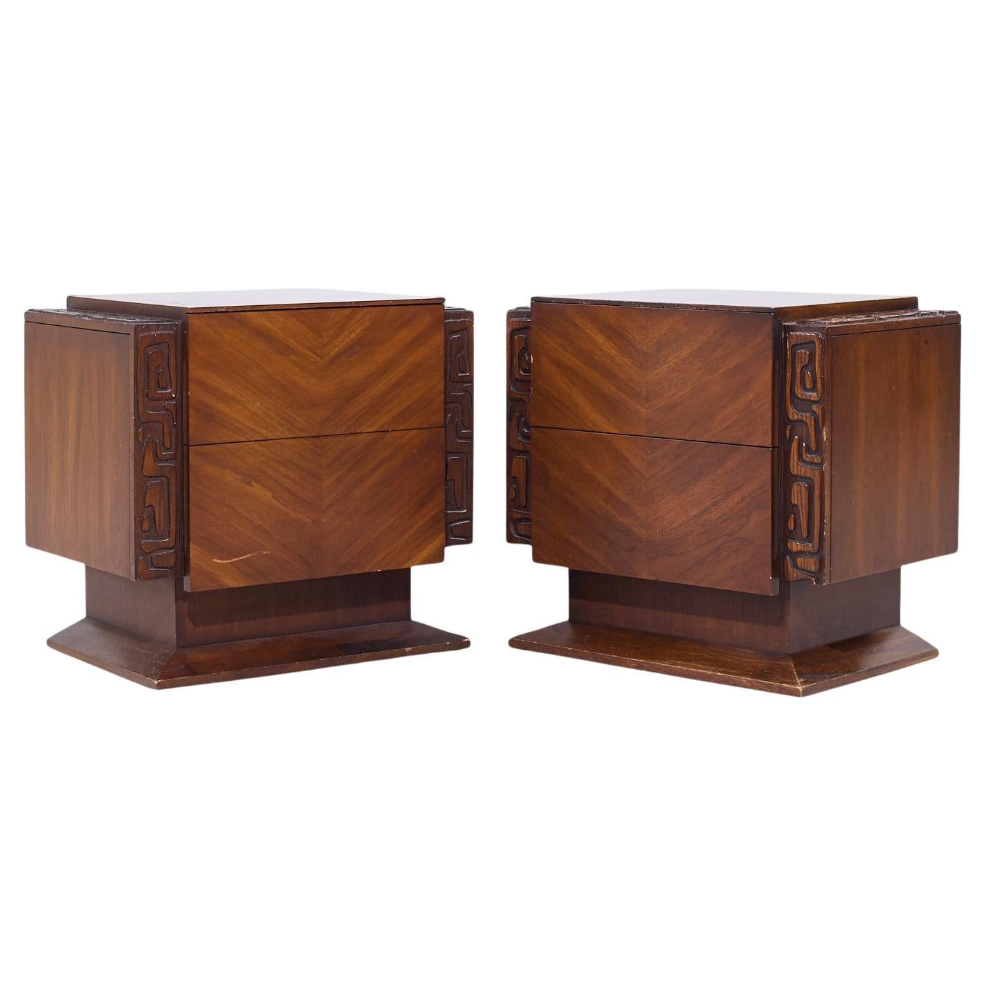 United Mid Century Walnut Tiki Brutalist Nightstands - Pair For Sale