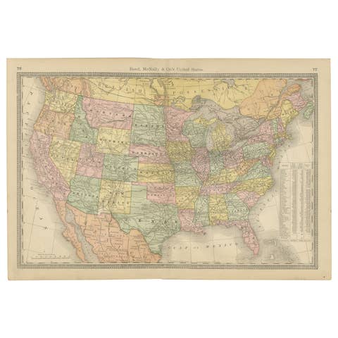 United States Antique Map c.1888 – Railroads, Territories & State Stats
