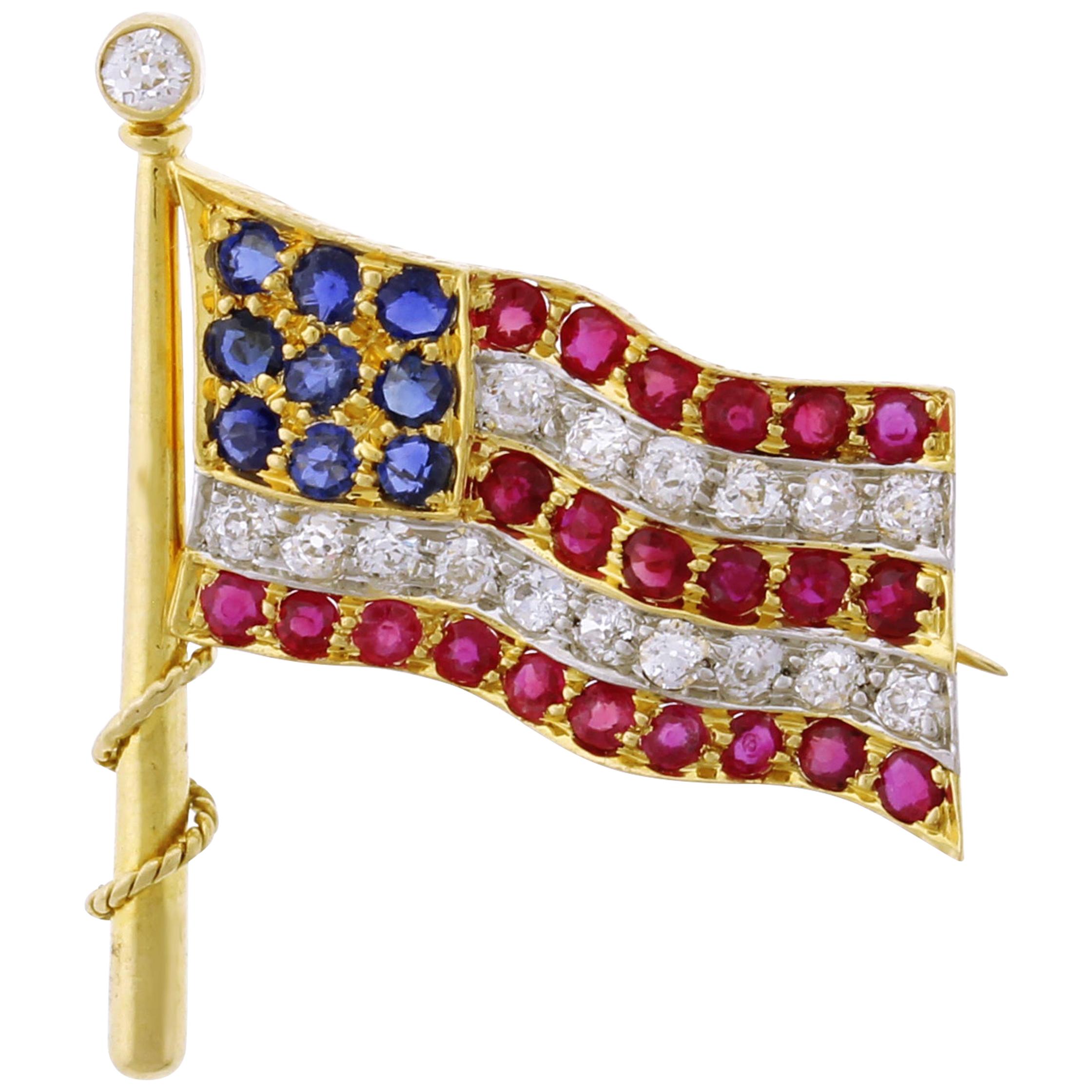 United States Antique Ruby Diamond and Sapphire Flag Pin/Brooch