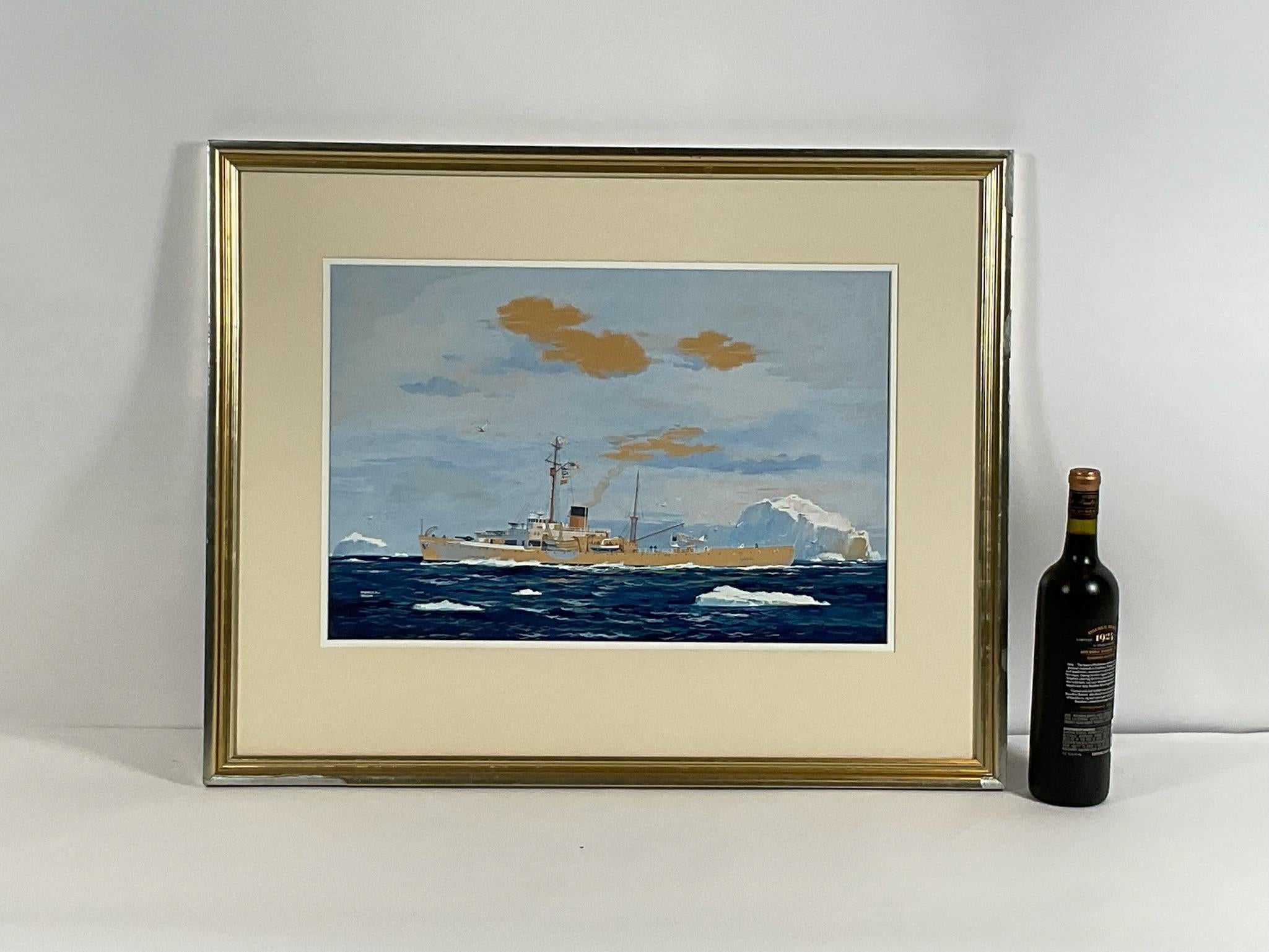 Worden Wood original gouache of the US Coast Guard cutter George W. Campbell (WPG 32). Very colorful work showing a seaplane on deck, launches, mast, signal flags, weapon, etc. Icebergs are in the background and foreground, signed lower left. This