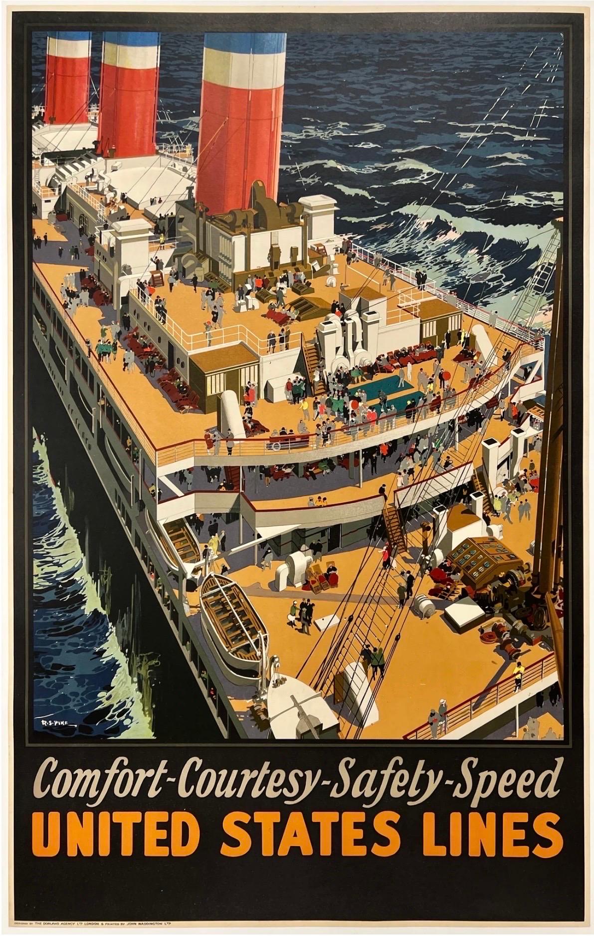 UNITED STATES LINES Antique Original Vintage Ocean Cruise Ship Travel Poster