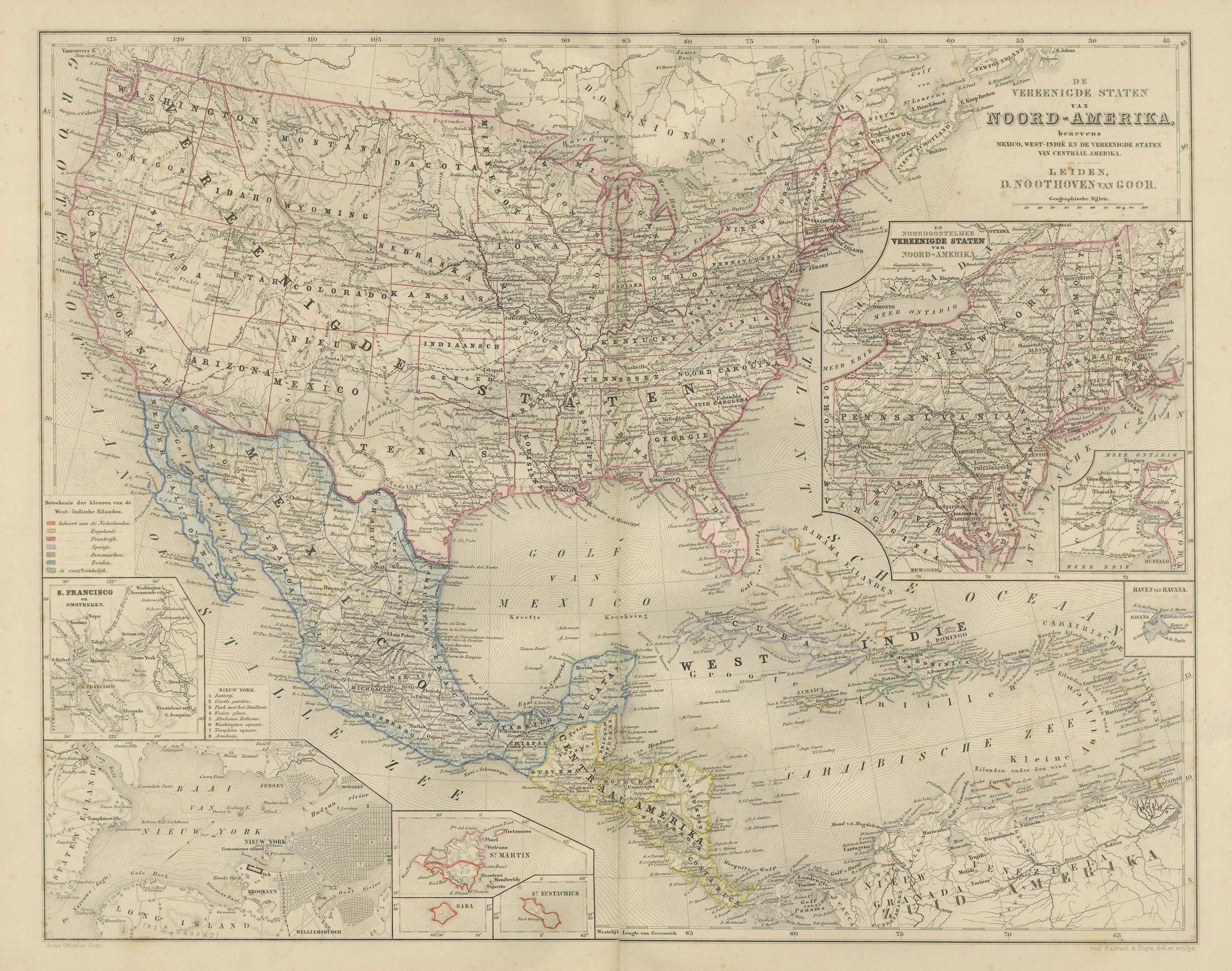 Mappa degli Stati Uniti, Messico e Indie occidentali - Nieuwe Hand-Atlas, 1876 in vendita 4