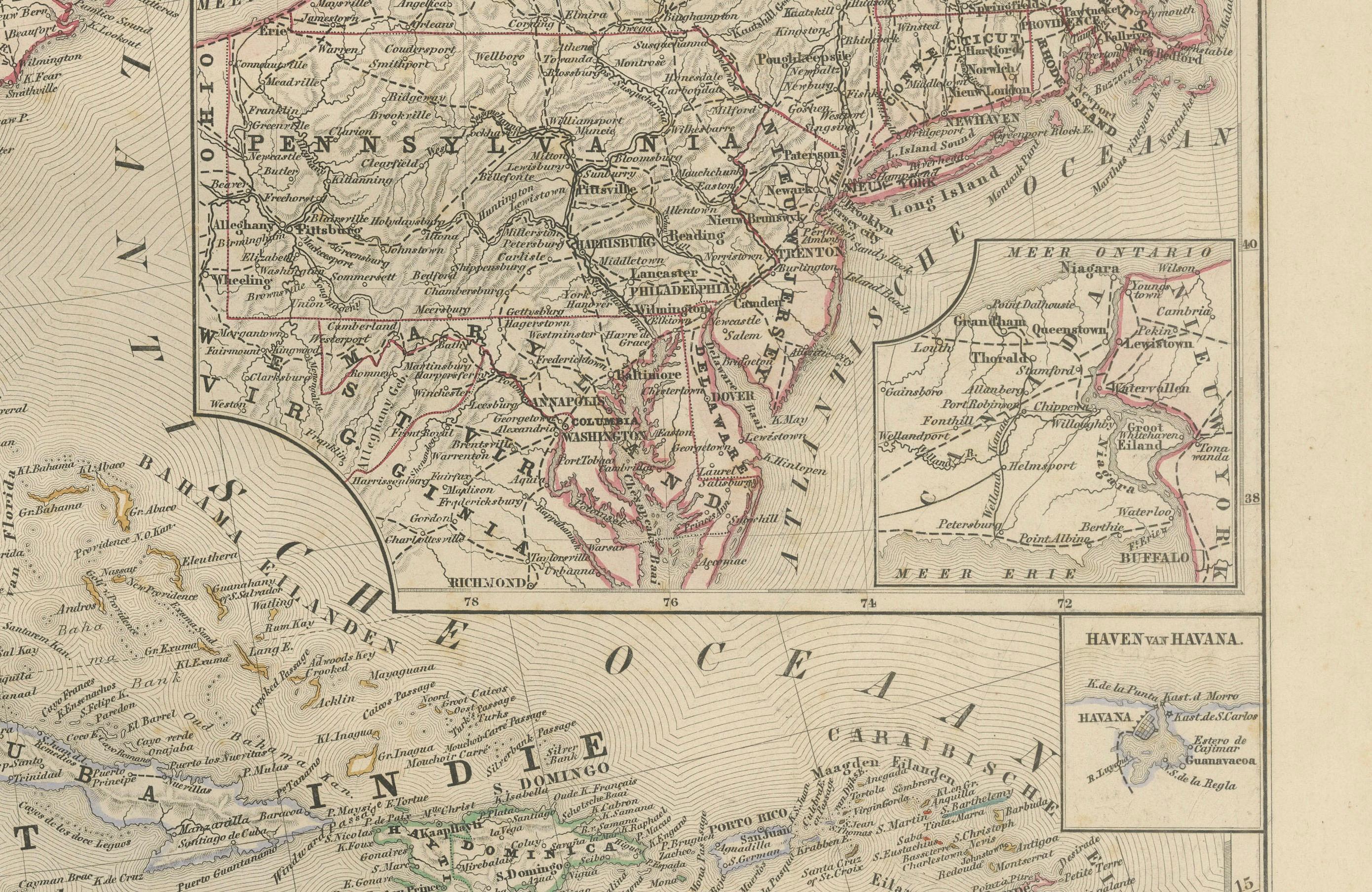 Mappa degli Stati Uniti, Messico e Indie occidentali - Nieuwe Hand-Atlas, 1876

Questa mappa ricca di dettagli del 1876, intitolata 