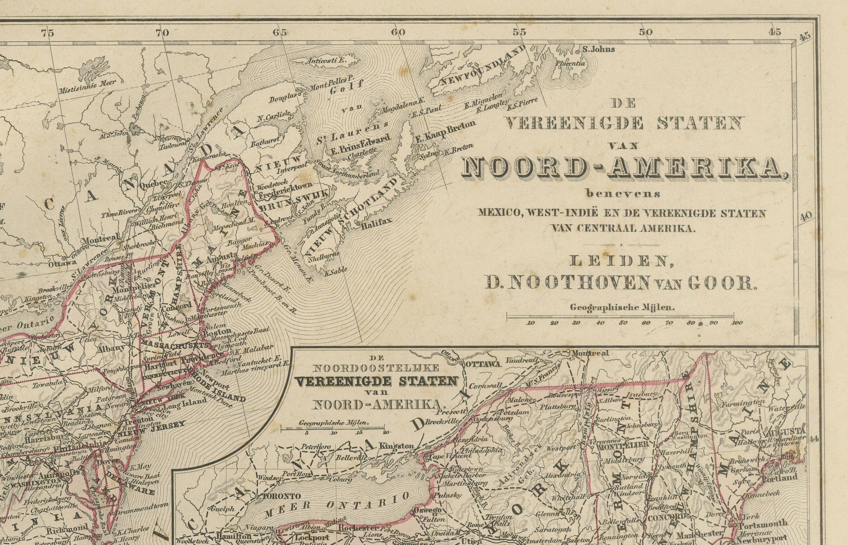 Mappa degli Stati Uniti, Messico e Indie occidentali - Nieuwe Hand-Atlas, 1876 In condizioni buone in vendita a Langweer, NL