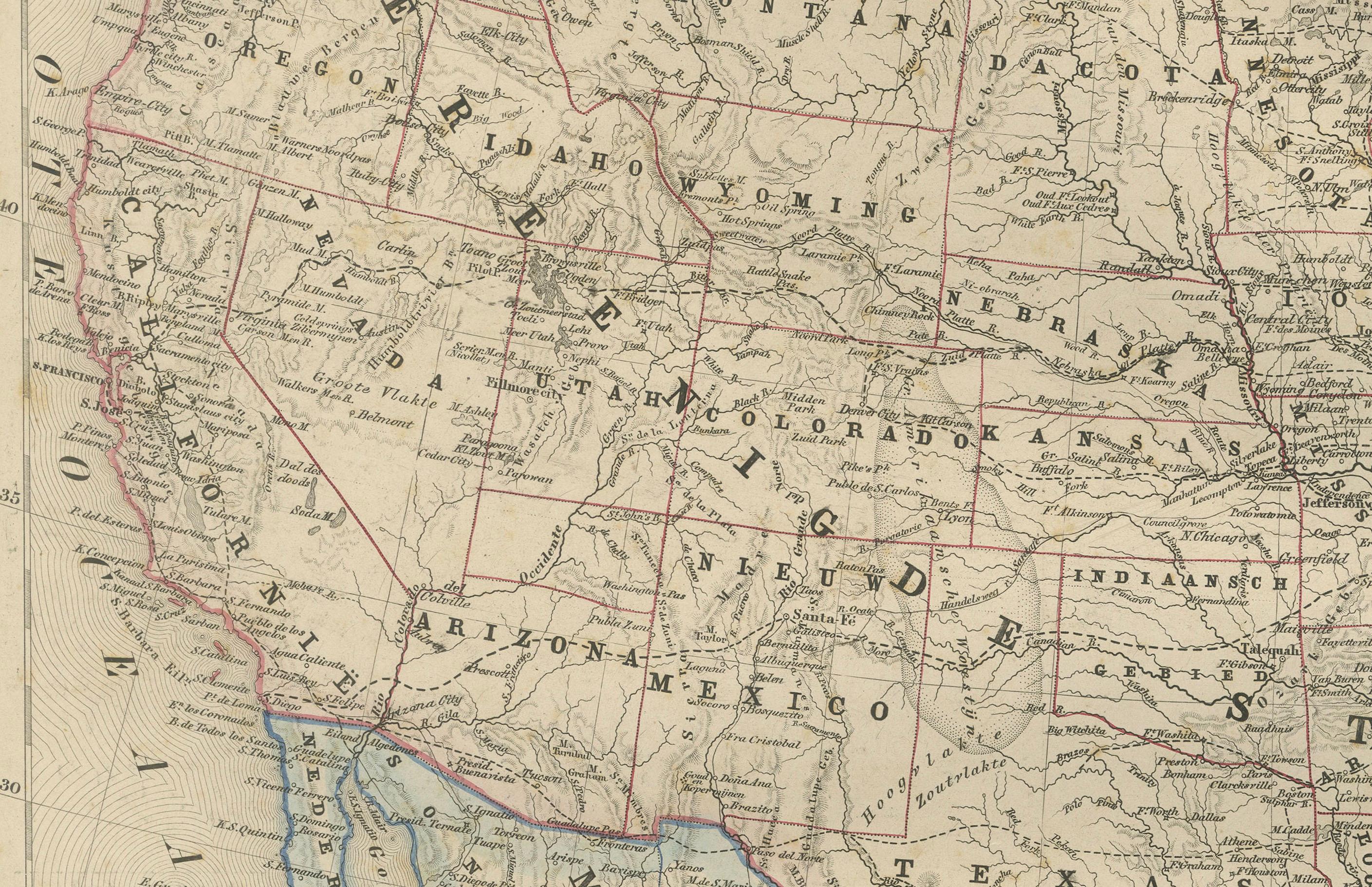 Carta Mappa degli Stati Uniti, Messico e Indie occidentali - Nieuwe Hand-Atlas, 1876 in vendita