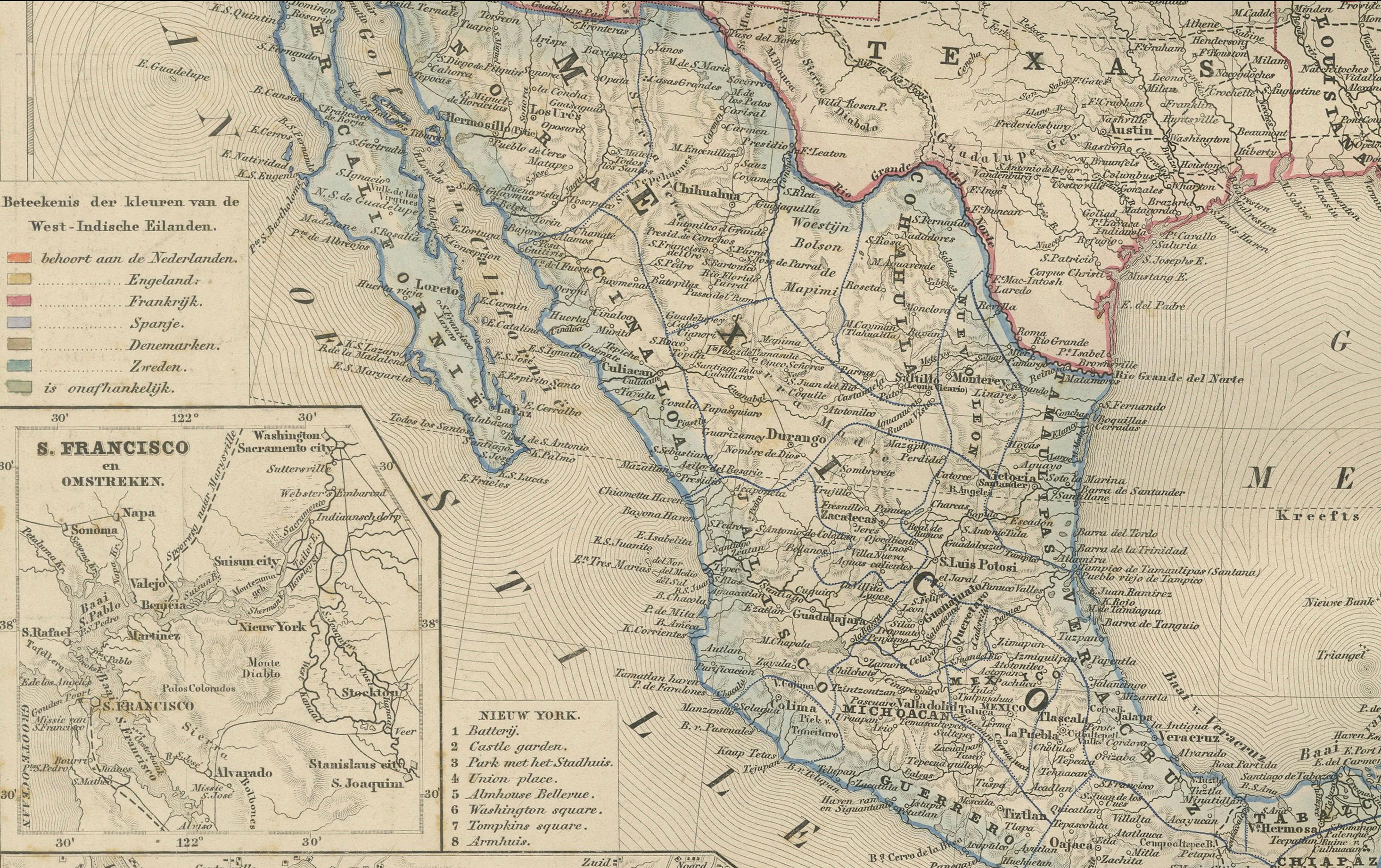 Mappa degli Stati Uniti, Messico e Indie occidentali - Nieuwe Hand-Atlas, 1876 in vendita 1