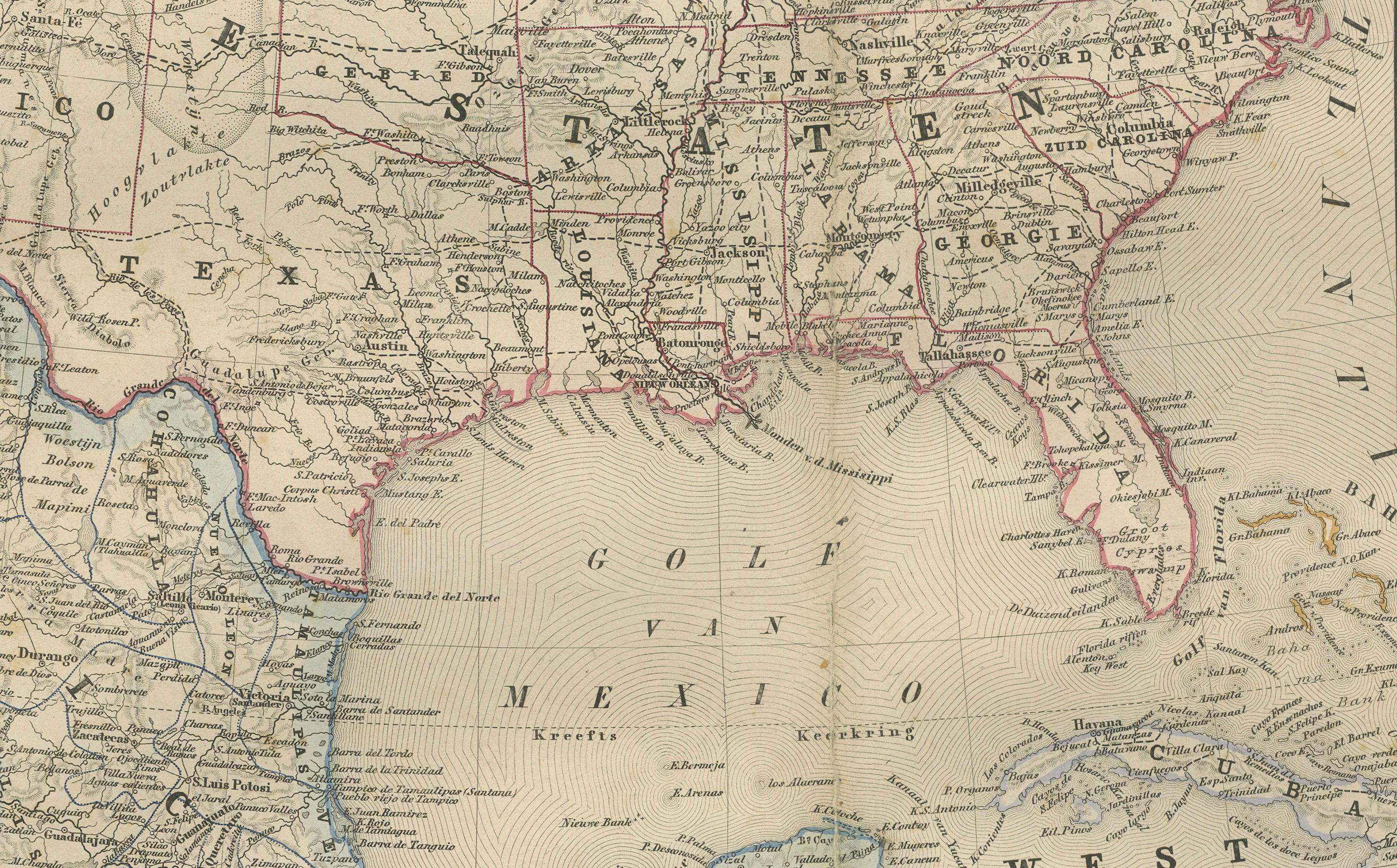 Mappa degli Stati Uniti, Messico e Indie occidentali - Nieuwe Hand-Atlas, 1876 in vendita 3