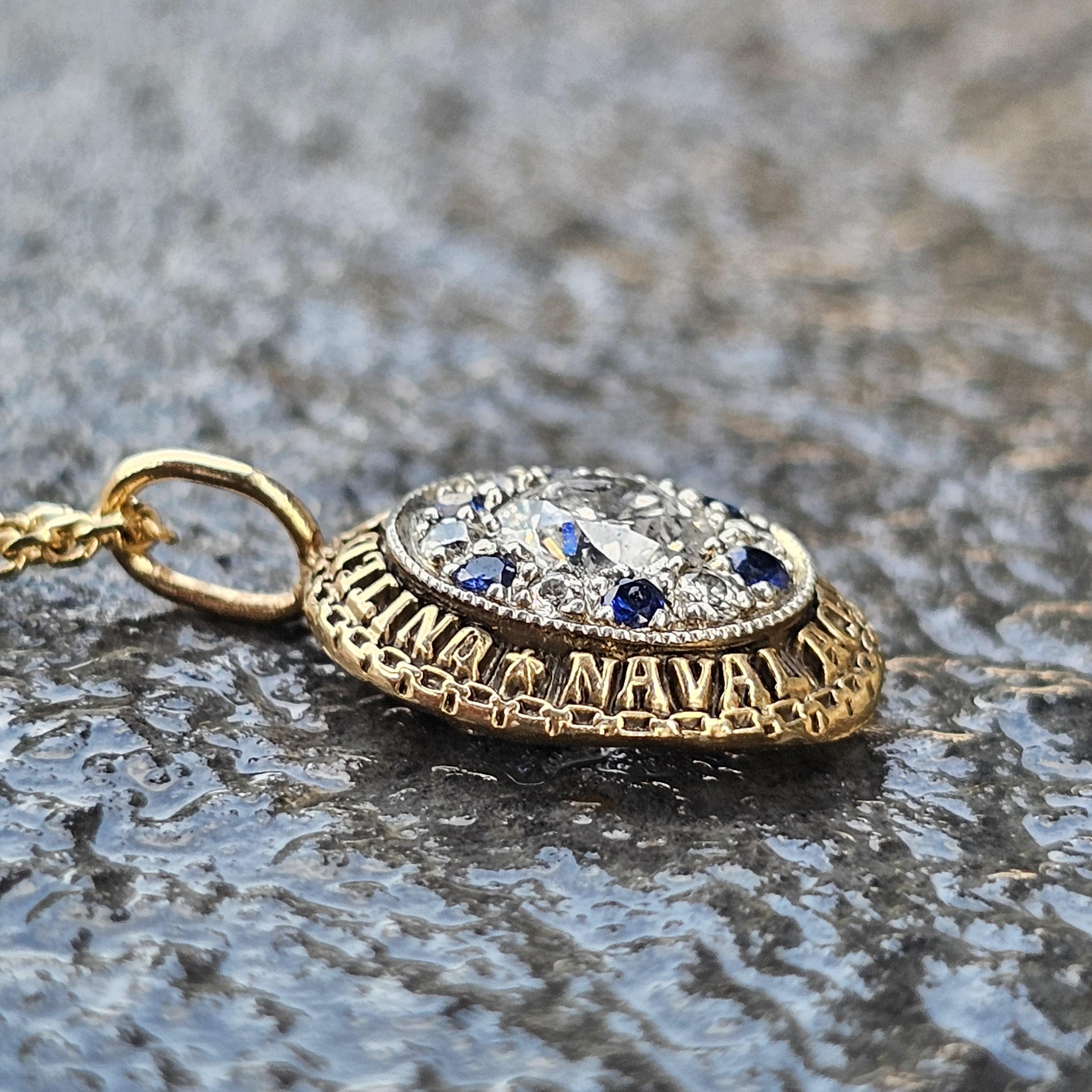 Collana con zaffiro e diamante dell'Accademia Navale degli Stati Uniti d'America in oro 14k e platino in vendita 3