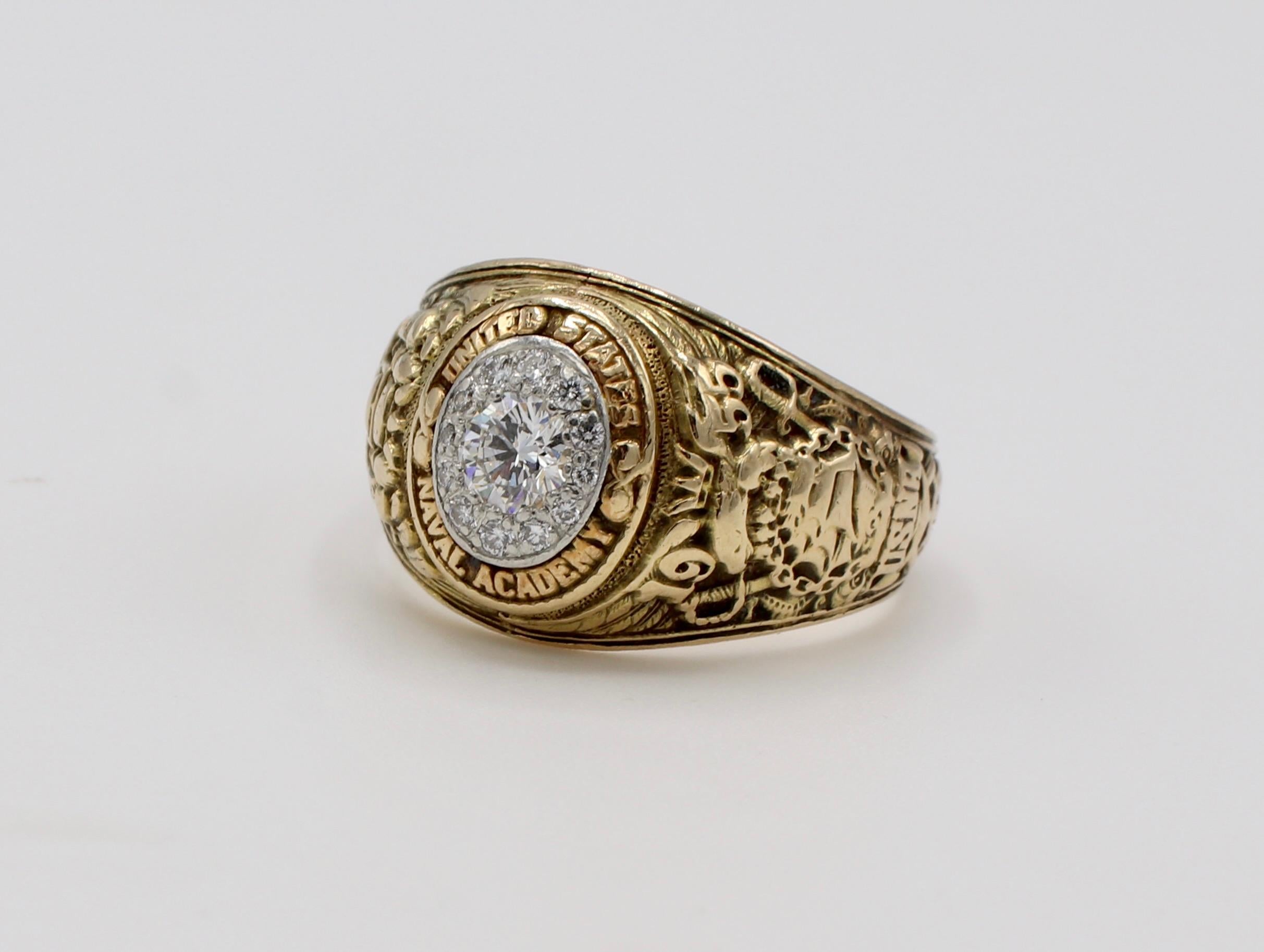 United States Naval Academy 1955 .40 CTW Diamond Bailey Banks & Biddle Class Ring Size 9
Metal: 14k yellow gold / platinum 
Weight: 10.5 grams
Diamonds: Approx. .40 CTW G VS (center diamond is approx. .25 carat)
Size: 9
Signed: BBB
Top of ring
