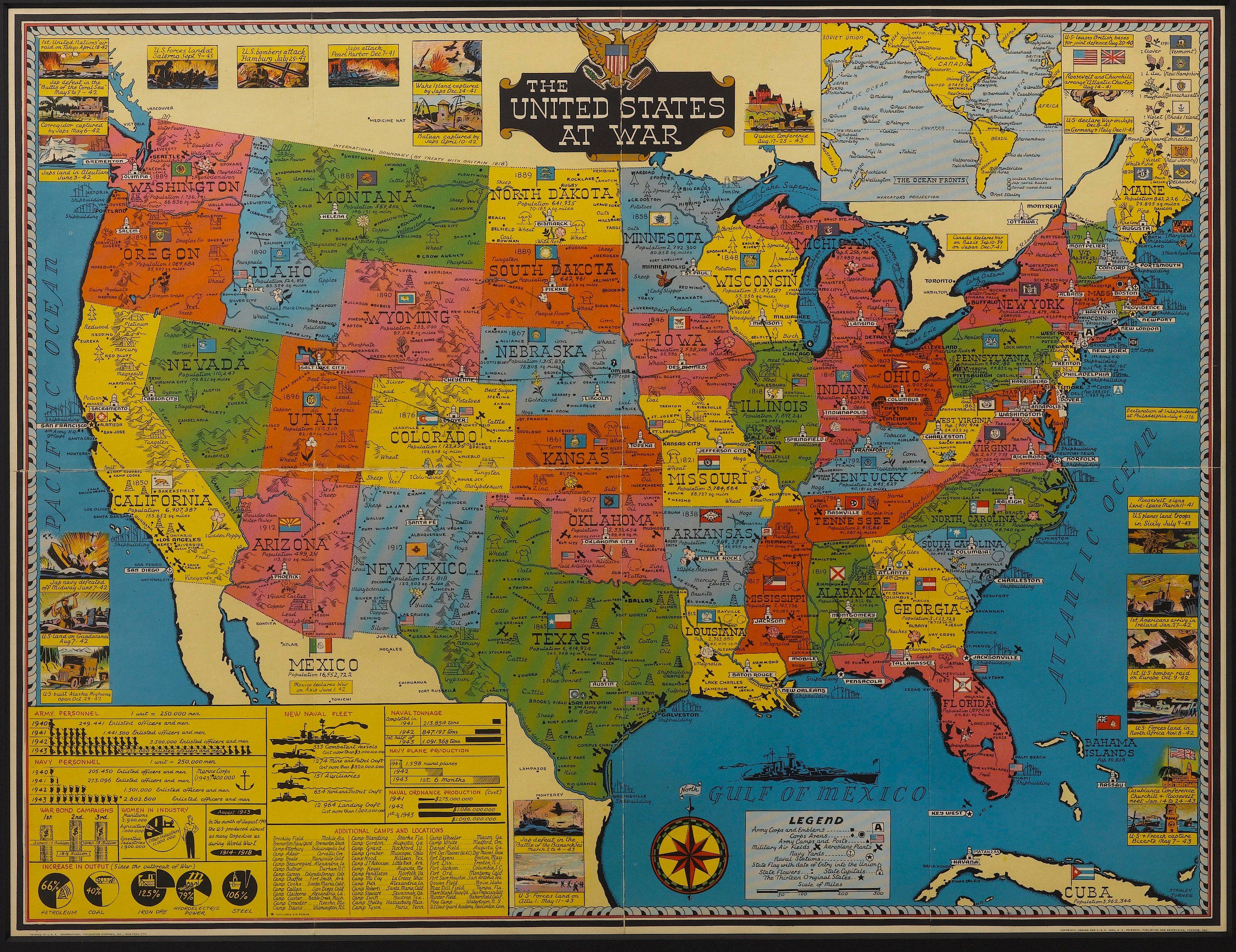 A striking pictorial map by Stanley Turner, published in 1943. The map presents the United States during World War II and is so titled “United States at War.” Around the map’s edges are several vignette illustrations depicting key historical