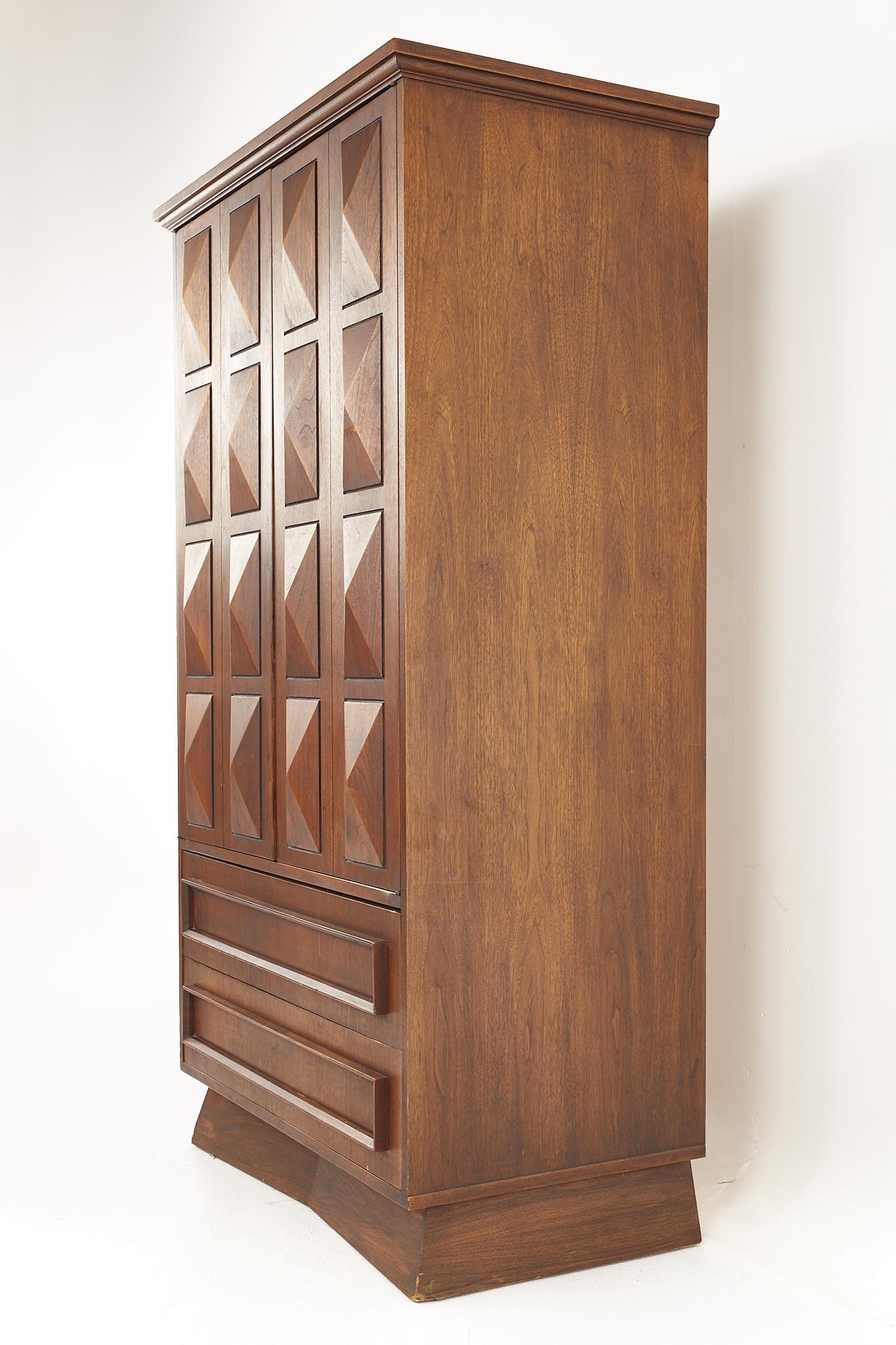 United Style Brutalist Mid Century Walnut Highboy Armoire Dresser In Good Condition In Countryside, IL