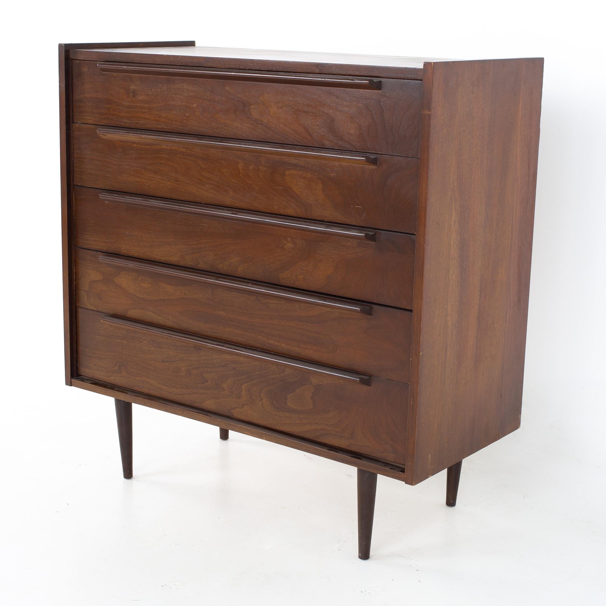 United style mid century 5 drawer walnut highboy dresser
Dresser measures: 40 wide x 18.5 deep x 42 inches high

All pieces of furniture can be had in what we call restored vintage condition. That means the piece is restored upon purchase so it’s