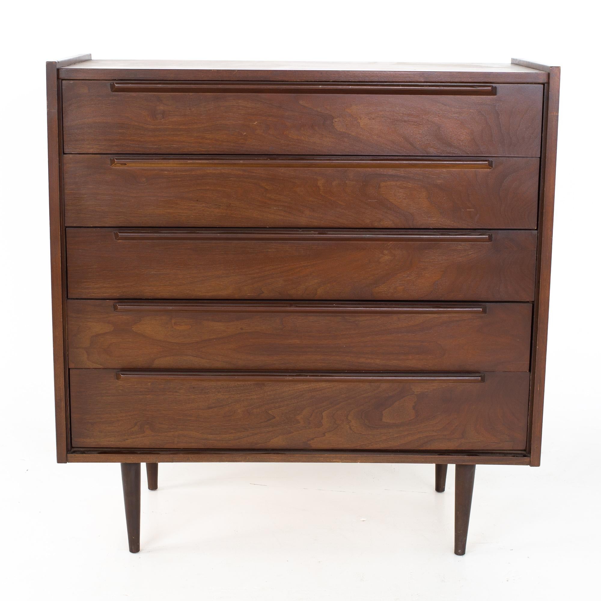 Mid-Century Modern United Style Mid Century 5 Drawer Walnut Highboy Dresser