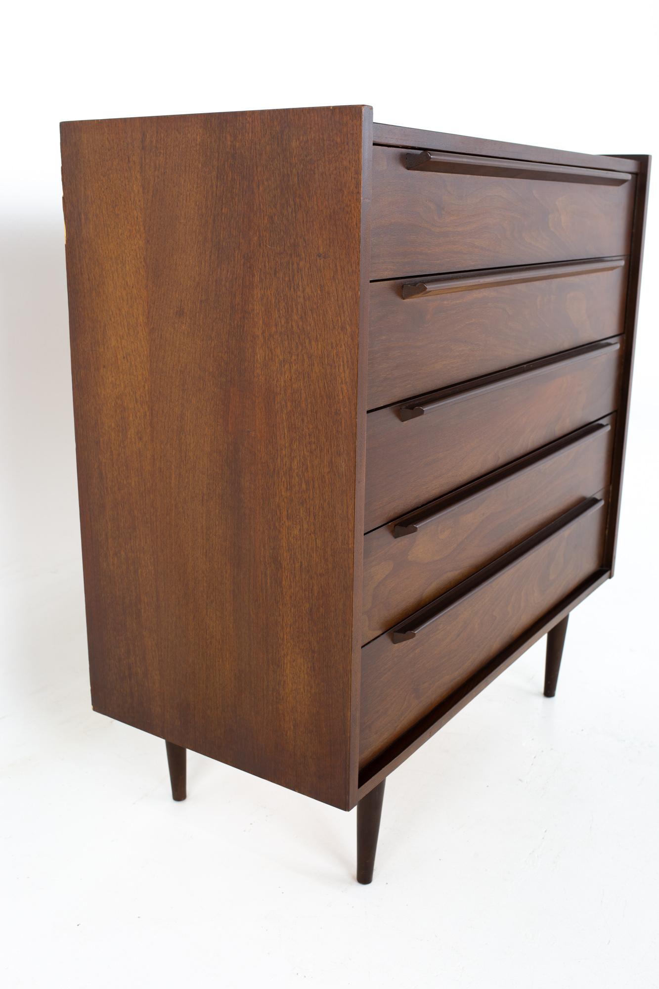 American United Style Mid Century 5 Drawer Walnut Highboy Dresser