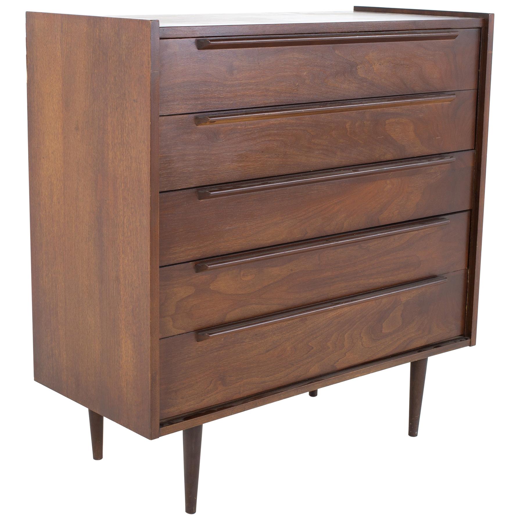 United Style Mid Century 5 Drawer Walnut Highboy Dresser