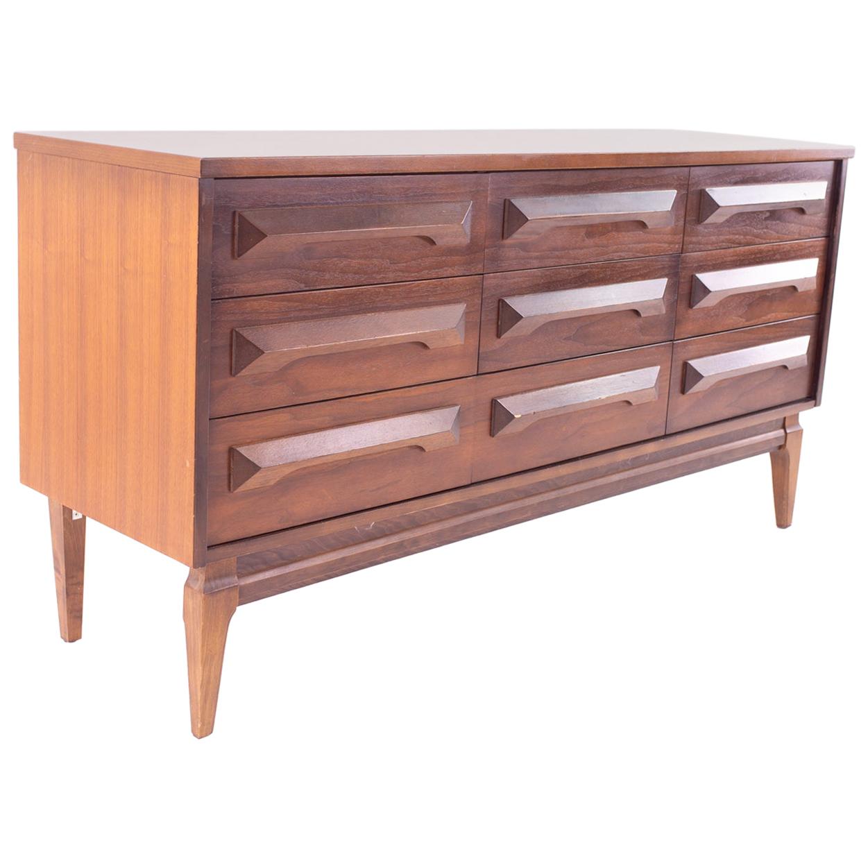 United Style Midcentury Walnut 9-Drawer Lowboy Dresser