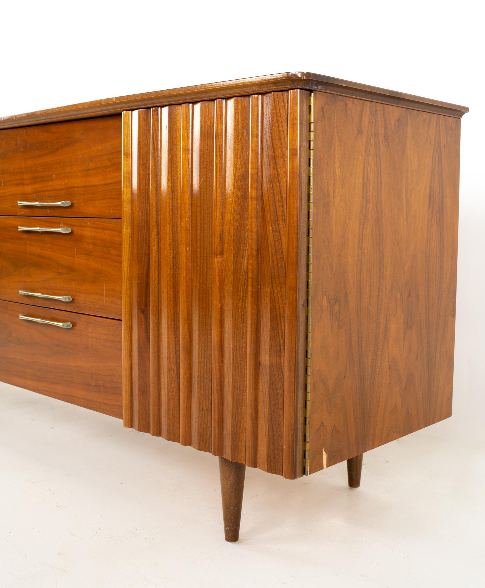 Mid-Century Modern United Style Young Manufacturing MCM Walnut and Brass 12-Drawer Lowboy Dresser