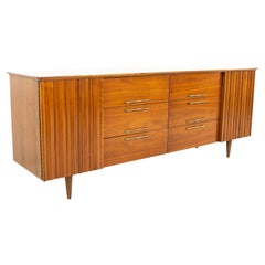 United Style Young Manufacturing Mcm Walnut and Brass 12-Drawer Lowboy Dresser