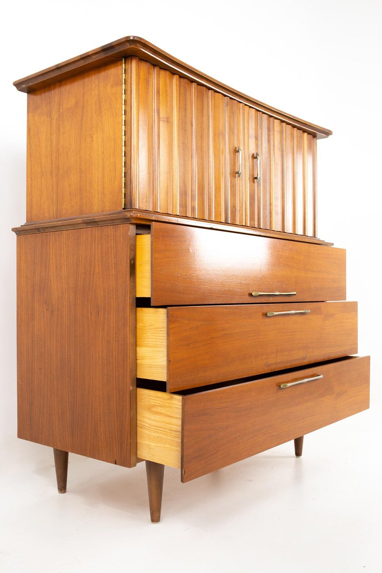 United Style Young MCM Walnut Brass Gentleman's Chest Highboy Dresser