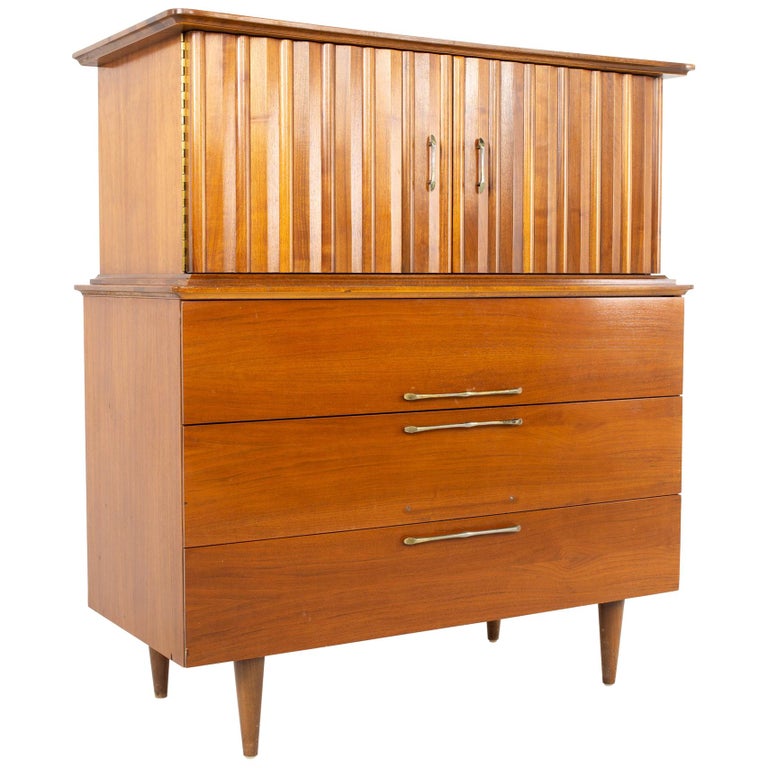 United Style Young MCM Walnut Brass Gentleman's Chest Highboy Dresser