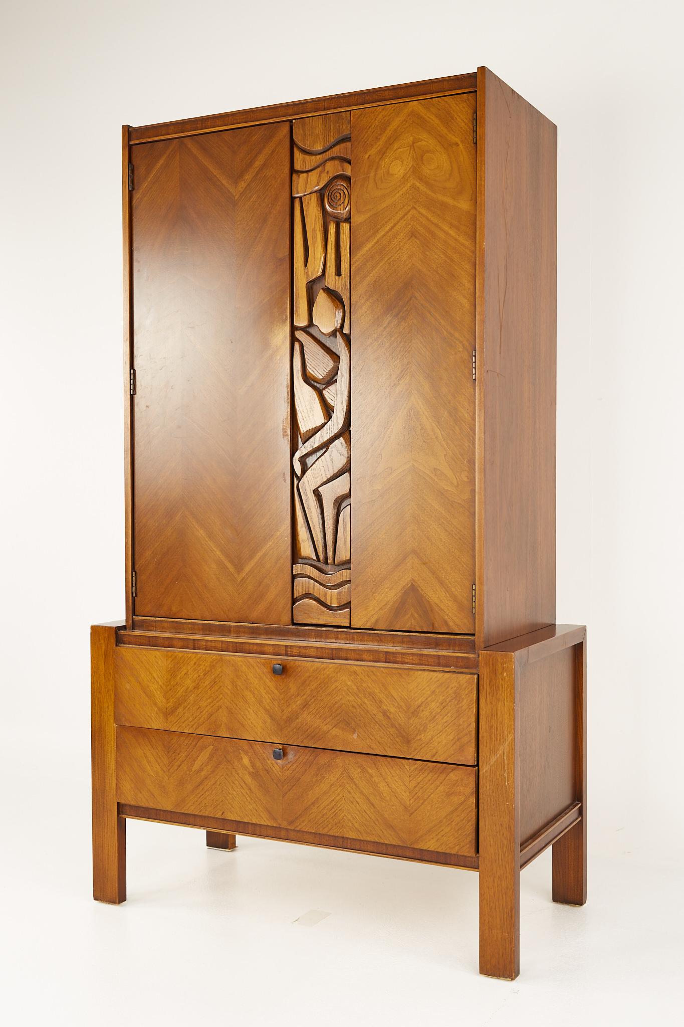 Mid-Century Modern United Tiki Brutalist Mid Century Walnut Armoire Gentlemans Chest