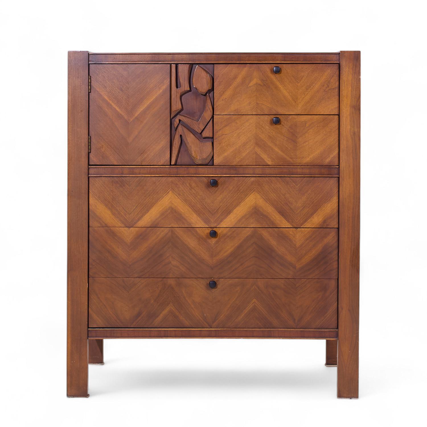 United Tiki Brutalist Mid Century Walnut Gentleman’s Chest Highboy Dresser

This highboy measures: 40.75 wide x 20.25 deep x 48.5 inches high

All pieces of furniture can be had in what we call restored vintage condition. That means the piece is