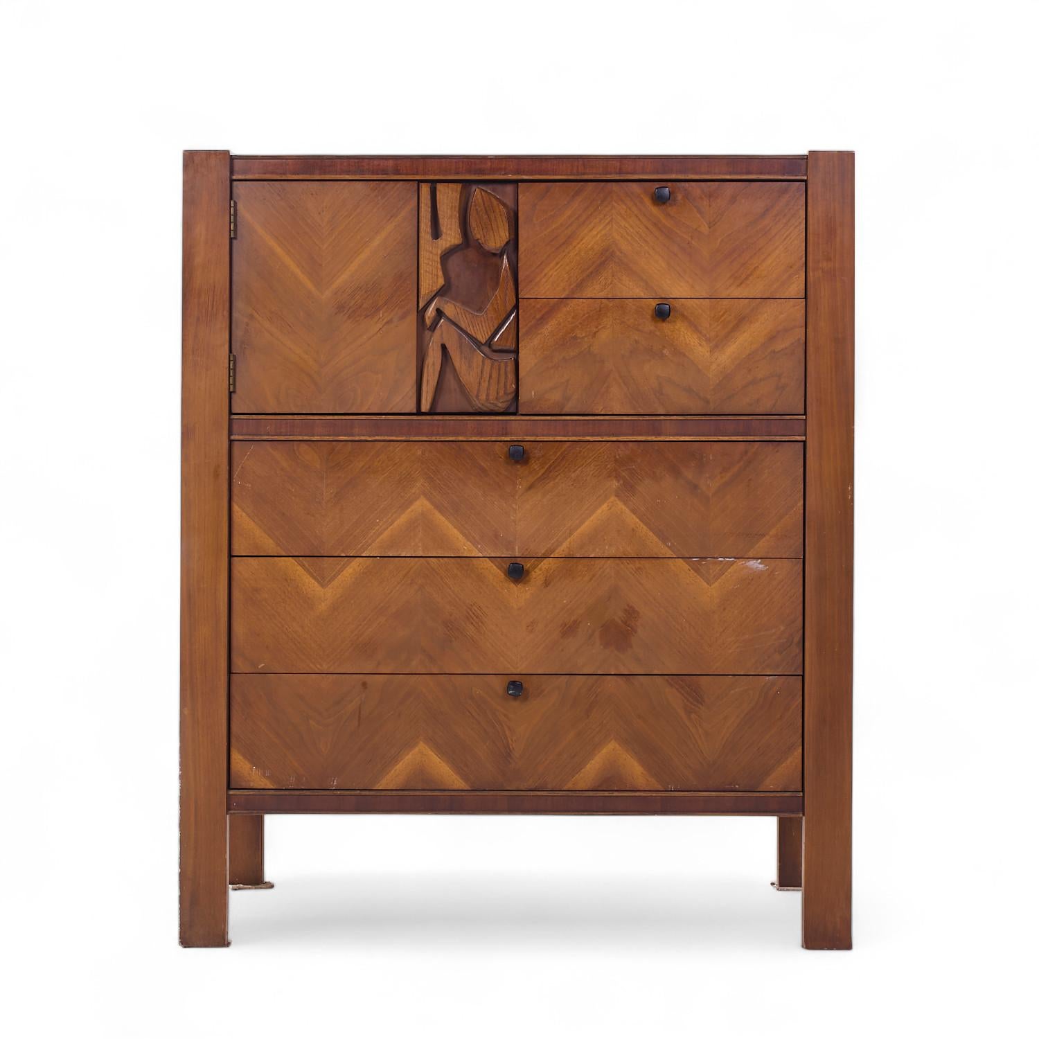 United Tiki Brutalist Mid Century Walnut Gentleman’s Chest Highboy Dresser

This highboy measures: 40.75 wide x 20.25 deep x 48.5 inches high

All pieces of furniture can be had in what we call restored vintage condition. That means the piece is