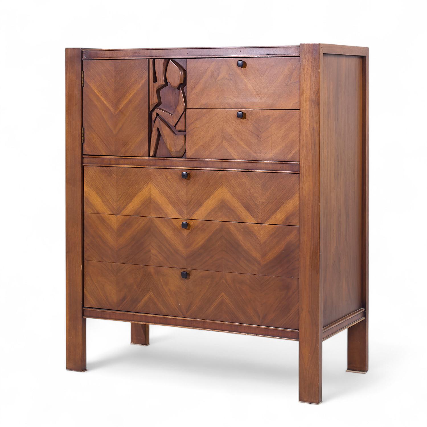 Mid-Century Modern United Tiki Brutalist Mid Century Walnut Gentleman’s Chest Highboy Dresser For Sale