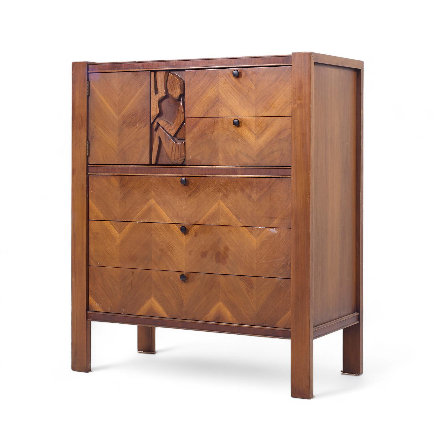 Mid-Century Modern United Tiki Brutalist Mid Century Walnut Gentleman’s Chest Highboy Dresser For Sale