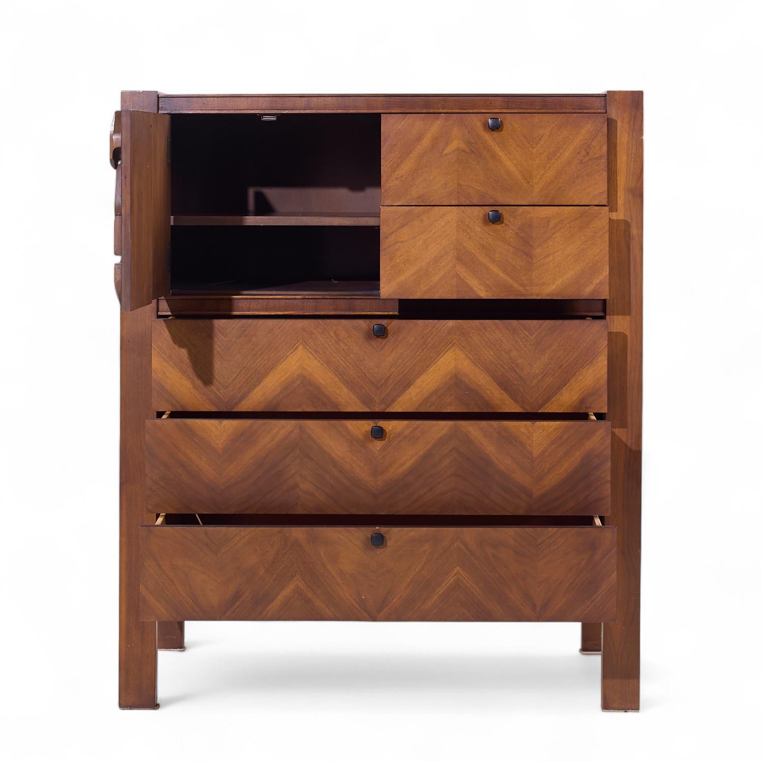 20th Century United Tiki Brutalist Mid Century Walnut Gentleman’s Chest Highboy Dresser For Sale