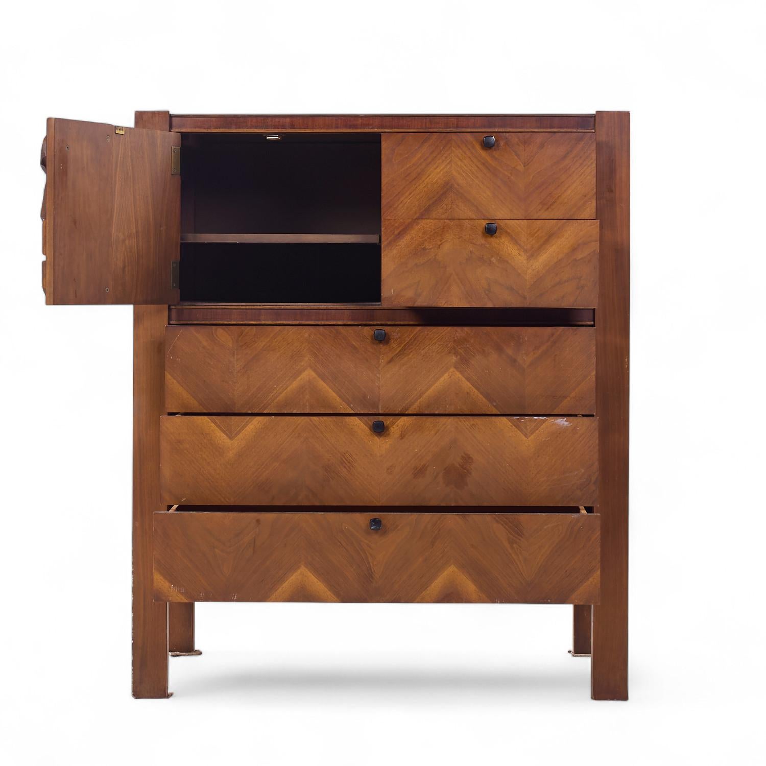 20th Century United Tiki Brutalist Mid Century Walnut Gentleman’s Chest Highboy Dresser For Sale