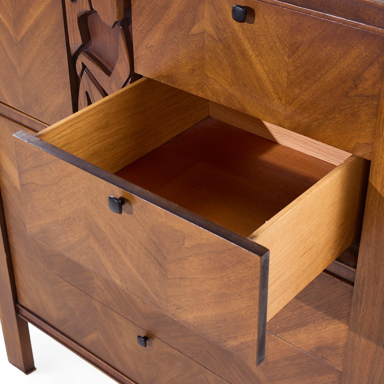 United Tiki Brutalist Mid Century Walnut Gentleman’s Chest Highboy Dresser For Sale 1