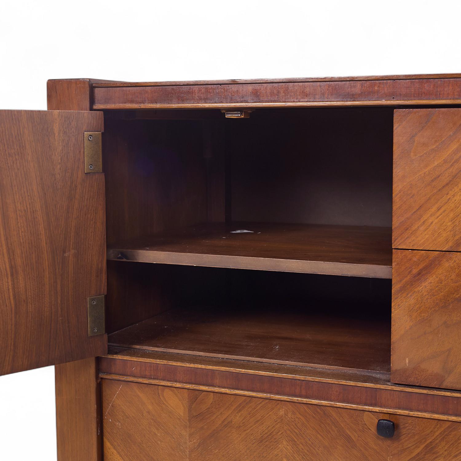 United Tiki Brutalist Mid Century Walnut Gentleman’s Chest Highboy Dresser For Sale 1