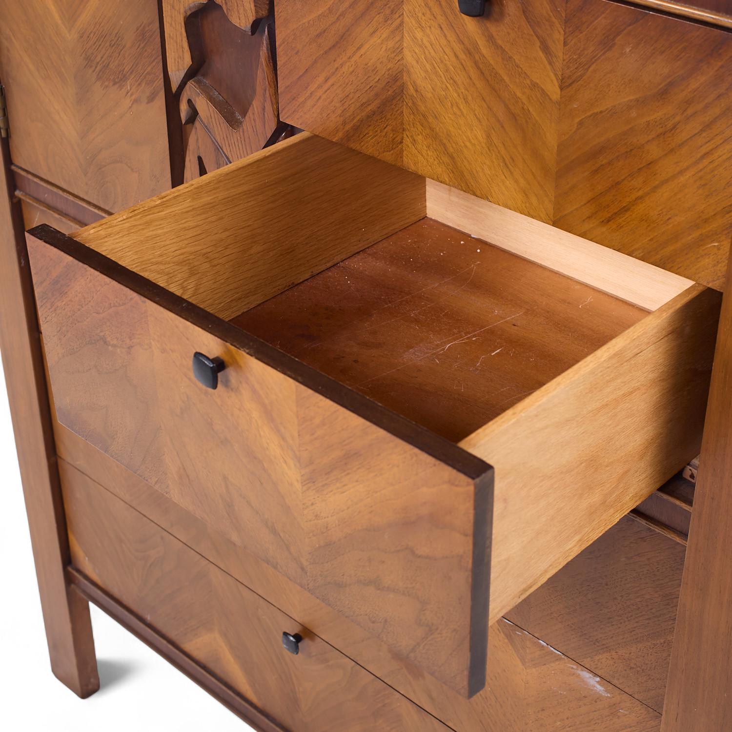 United Tiki Brutalist Mid Century Walnut Gentleman’s Chest Highboy Dresser For Sale 3