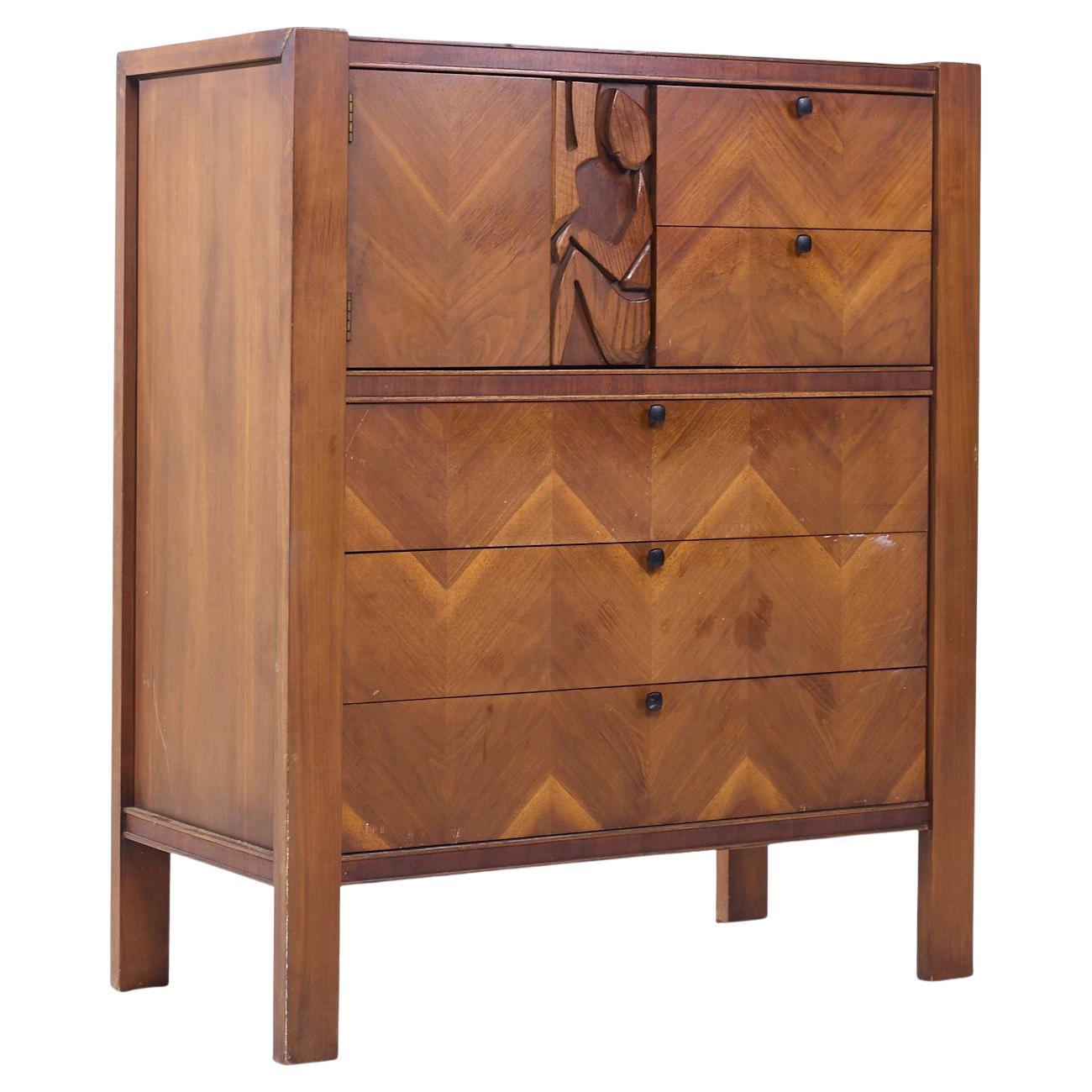 United Tiki Brutalist Mid Century Walnut Gentleman’s Chest Highboy Dresser