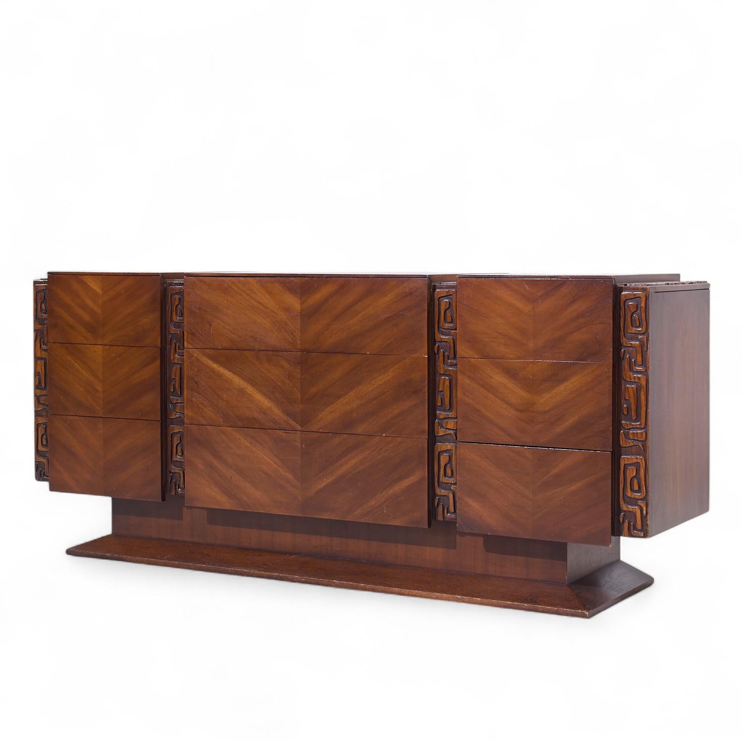 Mid-Century Modern United Tiki Brutalist Mid Century Walnut Lowboy Dresser For Sale