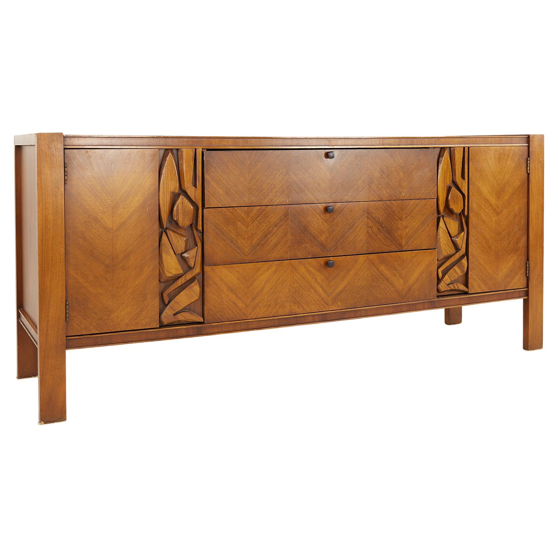 United Tiki Brutalist Mid Century Walnut Lowboy Dresser